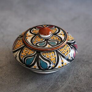 Moroccan Ceramic Small Item Holder with Lid - Handcrafted, Colorful Decor